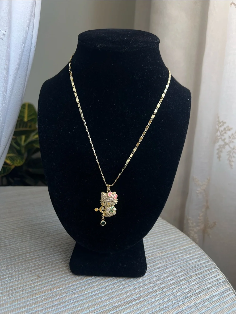 🩷-Gold pavé kitty Cat  with arrow Pendant Necklace with Pink and green Accents